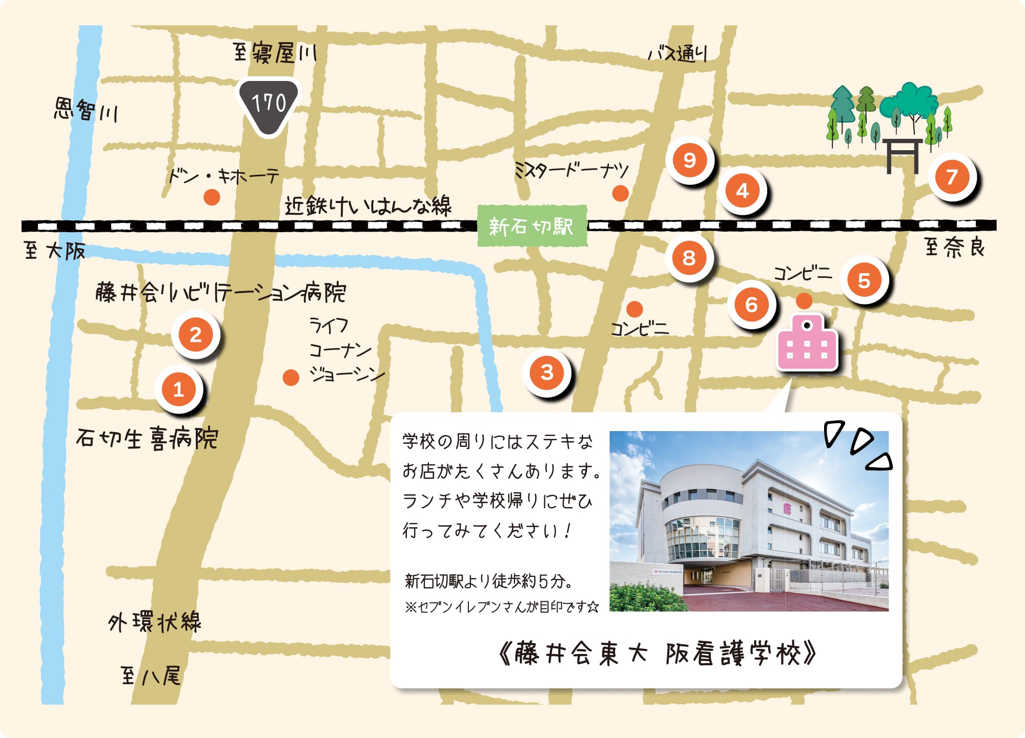 藤井会東大阪看護学校の周りある、おしゃれなカフェやショッピングセンターなど魅力あふれるスポットが掲載されている周辺マップ